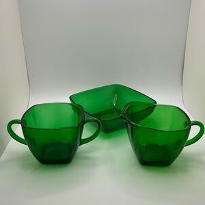 Vintage MCM Anchor Hocking Forest Green Sugar, Creamer, and Bowl Set